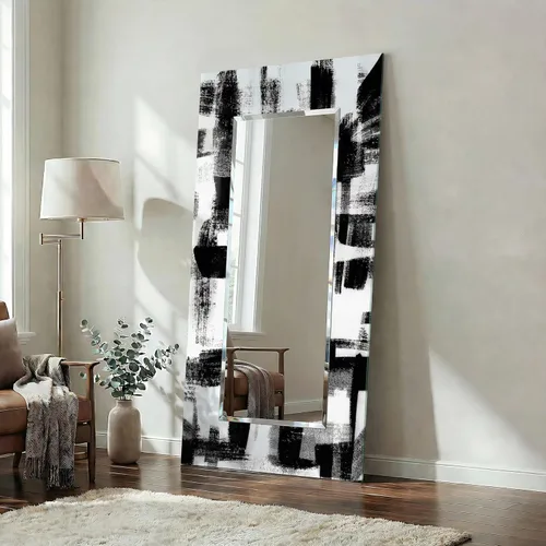 Vista 10 de Empire Art Direct Espejo de pared rectangular biselado en blanco y negro con vidrio templado impreso abstracto, tocador, espejo de baño, listo