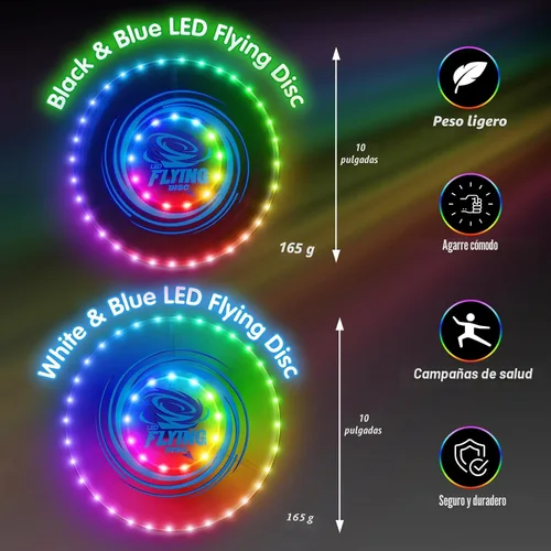 Vista 4 de HYES Paquete de 2 discos voladores iluminados para niños, 45 LED, 14 modos de iluminación, anillo volador recargable que brilla en la oscuridad