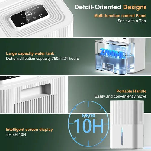 Vista 7 de Deshumidificador portátil para el hogar, sótano, baño, dormitorio, tanque de 91 onzas, cobertura de 900 pies cuadrados, diseño inteligente