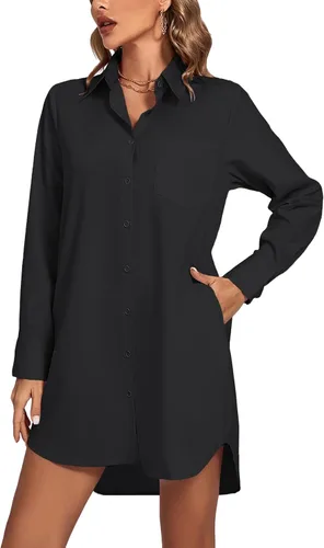Vista 19 de LYANER Vestido camisero para mujer con cuello en V, botones, manga larga y dobladillo curvado