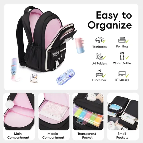 Vista 6 de Juego de mochila para niñas con lonchera de 3 piezas, juego de mochila escolar kawaii para niños de primaria y secundaria, mochila linda y liviana