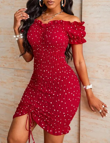 Vista 5 de PRETTYGARDEN Vestido ajustado de verano para mujer, con hombros descubiertos, manga corta, cordón, sexy, mini vestido fruncido para fiesta