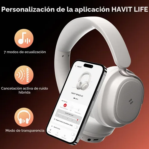 Vista 7 de havit Auriculares con cancelación de ruido sobre la oreja, auriculares inalámbricos Bluetooth con tiempo de reproducción de 132 horas, carga rápida