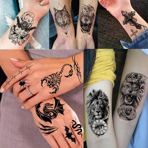 Vista 7 de 49 hojas de tatuajes temporales tribales negros para mujeres, hombres, adultos, brazo, cuerpo, de larga duración, lobo maorí, tigre, león, guerrero