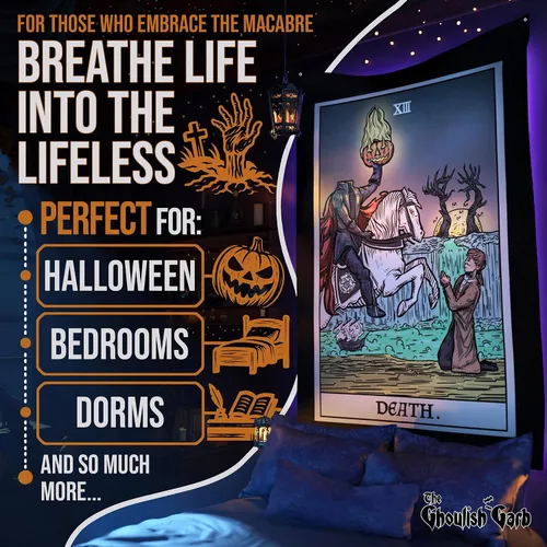 Vista 3 de Tapiz de cartas del tarot de la muerte, jinete sin cabeza, La leyenda del somnoliento hueco, gótico, Halloween, decoración para colgar en la pared