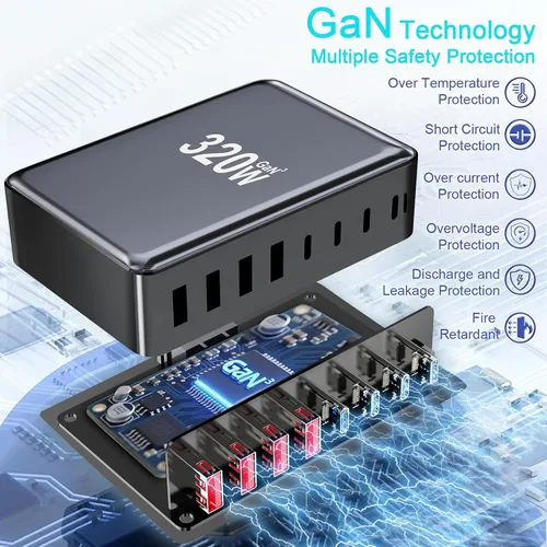 Vista 5 de 320W Bloque de Cargador USB C, Estación de Carga Rápida de 8 Puertos USB Hub PD 100W GaN Ⅲ Estación de Carga Pro para Múltiples Dispositivos