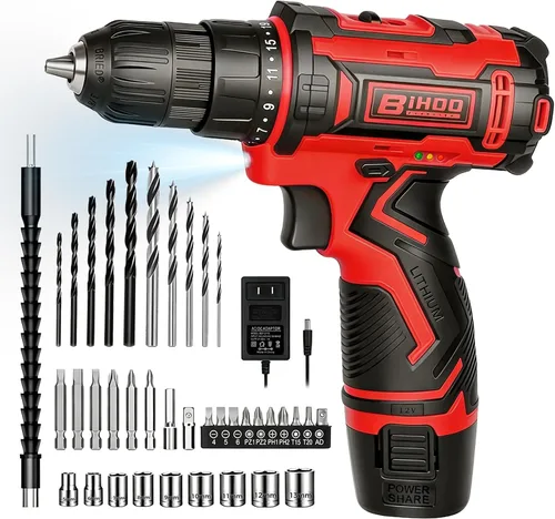 Vista 11 de Juego de Taladro Inalámbrico 12V, Kit de Taladro con Batería y Portabrocas sin Llave de 3/8 Pulgadas, 2 Velocidades Variables y 43 Piezas de Brocas