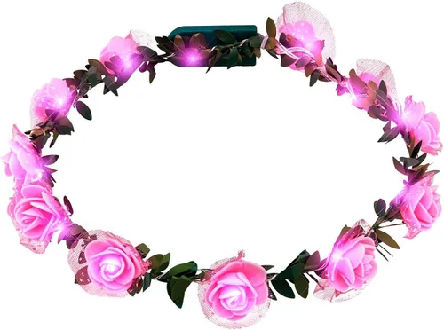 Vista 4 de Diadema con corona de flores rosas con luces LED