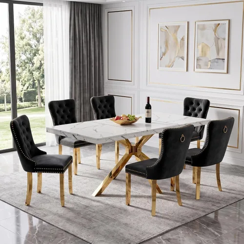 Vista 15 de Henf Mesa de comedor de mármol sintético blanco de 70 pulgadas para 4-6 personas, mesa de cocina rectangular moderna con mesa de mármol sintético