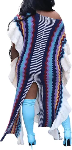 Vista 2 de Women's Knitted Ribbed Maxi Dress Boho Ruffled Sleeve Slit Sweater Dresses