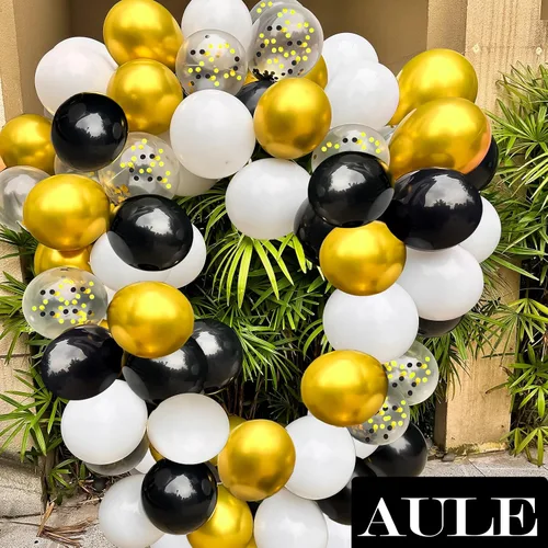 Vista 5 de AULE Globos de látex metálicos dorados y blancos de alta calidad, paquete de 60 globos de confeti de 12 pulgadas y oro negro con cintas doradas