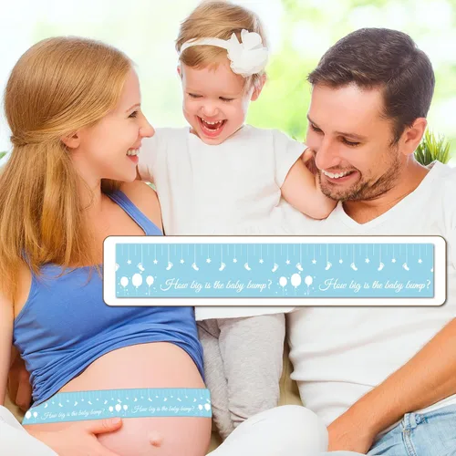 Vista 6 de Juegos de baby shower para género neutro How Big is Mommys Belly Tape de 150 pies de medida Cinta métrica de vientre embarazada oso Baby Shower Azul