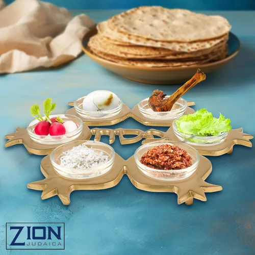 Vista 5 de Impresionante juego de seder de Pascua de granada – Plato artístico de seder con forma de granada y 6 platos de vidrio, cubierta de matzo de seda
