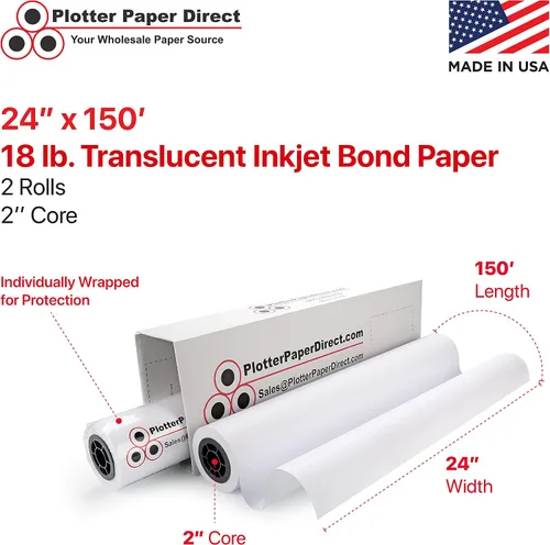 Vista 2 de Plotter Paper Direct Papel trazador blanco translúcido de 24 pulgadas x 150 pies, 18 libras, núcleo de 2 pulgadas, para impresión CAD en impresoras