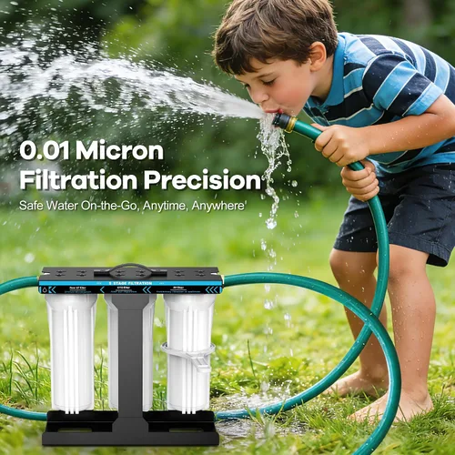 Vista 2 de Sistema de filtro de agua para RV, sistema de filtración de agua de 5 capas y 3 etapas, conectores rápidos de manguera sin plomo, filtros de 0.01
