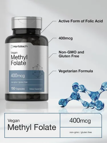 Vista 4 de Horbäach Metil Folato 400 mcg 150 Cápsulas Veganas Sin OMG, sin gluten Suplemento dietético