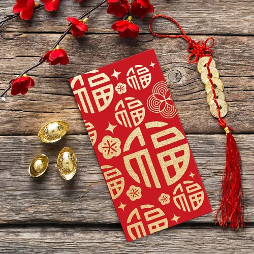 Vista 5 de 48 sobres rojos de año nuevo chino, festival de primavera, bolsillo de dinero de la suerte, patrón de lámina de oro rojo, Hong Bao para fiestas
