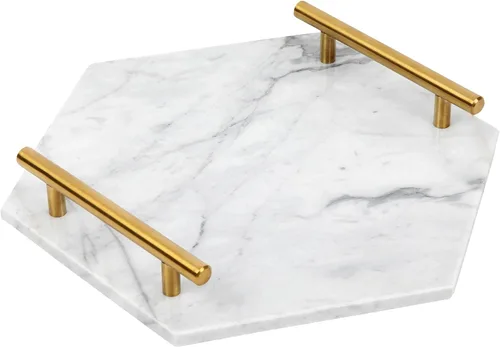 Vista 10 de Bandeja de mármol blanco con asas doradas, bandeja decorativa redonda de mármol para tocador Bandeja de mármol natural sólido, superficie redonda