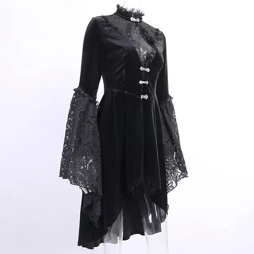 Vista 5 de Vestido gótico sexy para mujer, disfraz de noche de discoteca, cuello hueco, vestido de manga larga, vestido de encaje con dobladillo alto y bajo