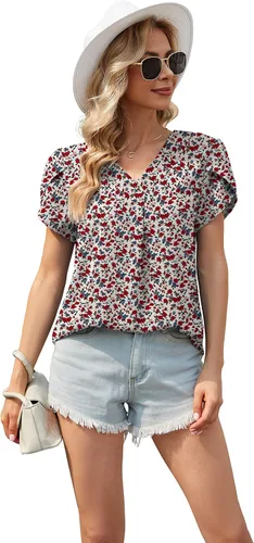 Vista 5 de TASAMO Blusas de gasa con cuello en V dividido para mujer, de verano, holgadas, de manga corta