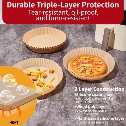 Vista 4 de Forros de papel desechables para freidora de aire de 40GSM, 125 piezas de 8 pulgadas de papel pergamino desechable para freidoras de aire de 5-8