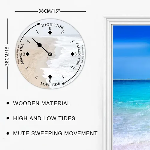 Vista 2 de Reloj de marea de madera, olas blancas y playa, costa este, océano Atlántico, reloj de marea de madera con marea alta y baja, reloj vintage