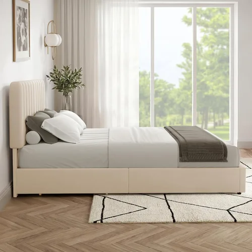 Vista 6 de VECELO Base de cama tapizada de tamaño matrimonial con 4 cajones y cabecero, plataforma de terciopelo, soporte de listones de madera, no necesita