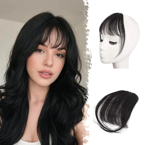 Vista 18 de BARSDAR Flequillo postizo de pelo humano real - Flequillo postizo 100% pelo humano para mujeres - Extensiones de flequillo ondulado castaño rojizo