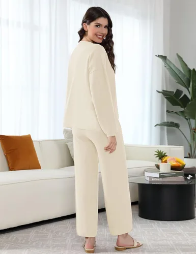 Vista 4 de Conjunto de suéter de 2 piezas para mujer, holgado, acogedor, de manga larga, conjuntos de ropa de descanso