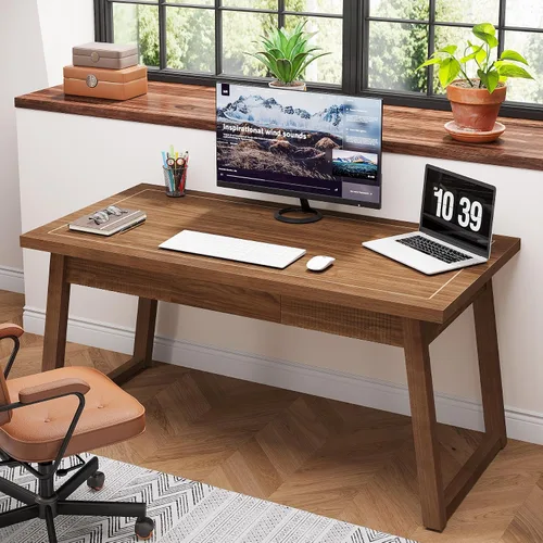 Vista 4 de Tribesigns Escritorio ejecutivo de oficina en casa: Escritorio de computadora de madera de 55 pulgadas con cajón, mesa de escritura moderna