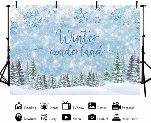 Vista 2 de MEHOFOND Telón de fondo de invierno de 8 x 6 pies, diseño de copo de nieve azul, fondo de fotografía de bosque con purpurina para decoración