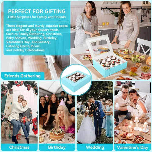 Vista 7 de Juego de 3 cajas para cupcakes a granel con ventana transparente para 12 cupcakes estándar, contenedor desechable de grado alimenticio azul