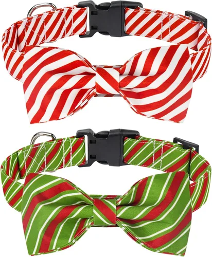 Vista 7 de Malier Paquete de 2 collares de perro con pajarita, collar clásico de Navidad con copo de nieve y hebilla ajustable ligera, adecuado para perros