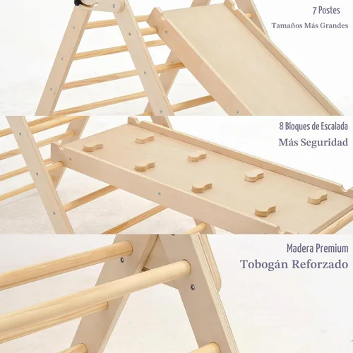 Vista 3 de Pillowhale Juego de triángulos de escalada de madera Montessori extra grande: triángulo plegable para gimnasio, rampa y arco de escalada, parque
