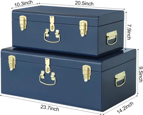Vista 2 de Vixdonos Juego de 2 baúles decorativos de metal grande, organizador de dormitorio universitario con cerrojos y asa para decoración del hogar, 23.7 x
