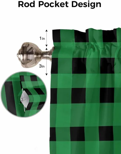 Vista 7 de Cortinas de cocina a cuadros Buffalo del día de San Patricio, cenefas para ventanas, tréboles de la suerte, con bolsillo para cortinero, tratamiento