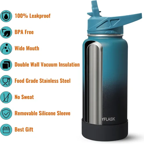 Vista 3 de RUBYFLASK - Botella de agua aislada con pajilla, jarra de agua al vacío de acero inoxidable, 24 onzas, botella con 3 tapas a prueba de fugas