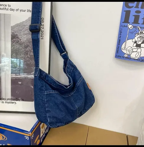 Vista 7 de Bolso cruzado de mezclilla unisex estilo bohemio retro bolso de mensajero bolso de viaje bolso grande bolso holgado Azul Marino talla única Retro