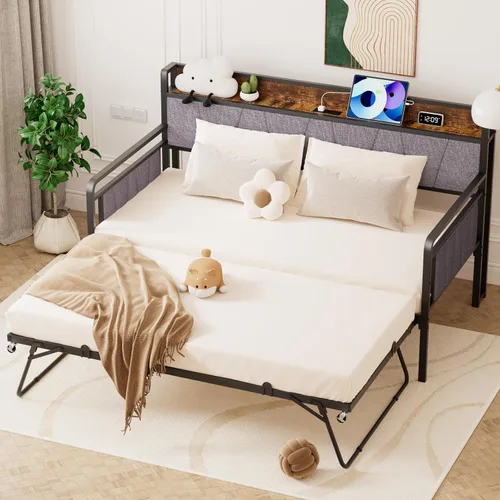 Vista 2 de Sofá cama individual con nido, moderno sofá cama individual, marco de cama de metal resistente con cabecera tapizada para sala de estar, dormitorio