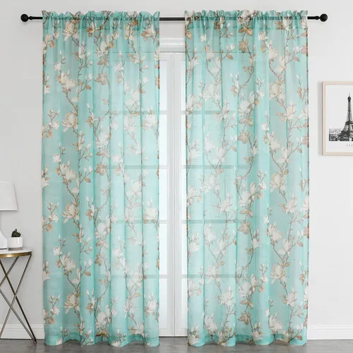 Vista 11 de SMILE WEAVER 2 paneles de cortinas traslúcidas turquesa de 45 pulgadas de largo, para sala de estar, cortinas semitransparentes florales