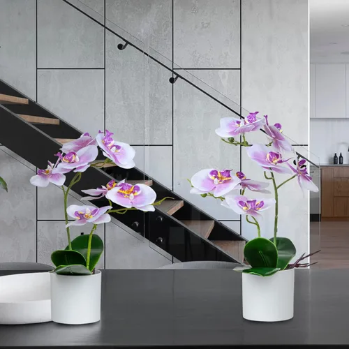 Vista 7 de XONOR Flores artificiales de orquídea, 2 piezas de flores de orquídea en maceta con jarrón de plástico para centro de mesa, decoración del hogar