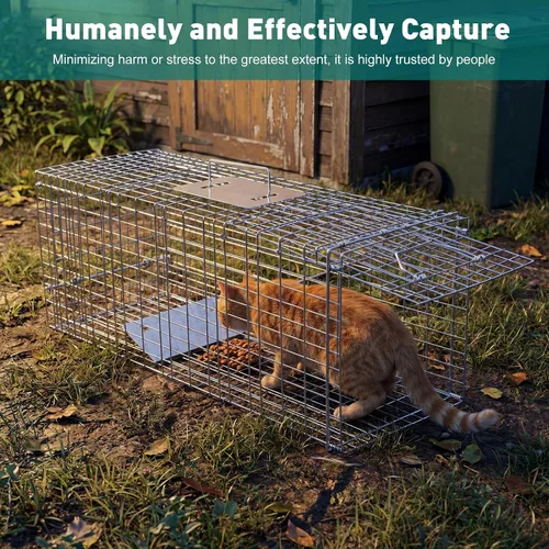 Vista 6 de 33-Inch Humane Live Cat Trap Cage, Foldable Animal Trap with Pedal Trigger