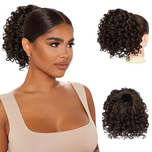 Vista 13 de PEACOCO Extensión de cola de caballo rizada con cordón para mujeres negras - Cola de caballo de 6 pulgadas con clip, postizo sintético de afro corto
