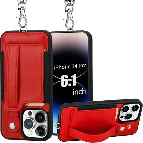 Vista 22 de TOOVREN Funda para teléfono compatible con iPhone 14 Plus, compatible con iPhone 14 Plus, funda con correa para tarjetero, cordón de cuero para Negro