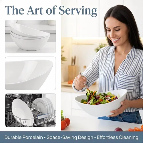 Vista 5 de Lawei Paquete de 4 cuencos de porcelana de 9 pulgadas, cuencos ovalados de cerámica de 36 onzas, platos grandes para ensaladas, espaguetis, postres