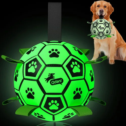 Vista 12 de QDAN Juguetes prémium para perros que brillan en la oscuridad, pelota de perro con correas, pelota de fútbol para perros, juguetes para perros al