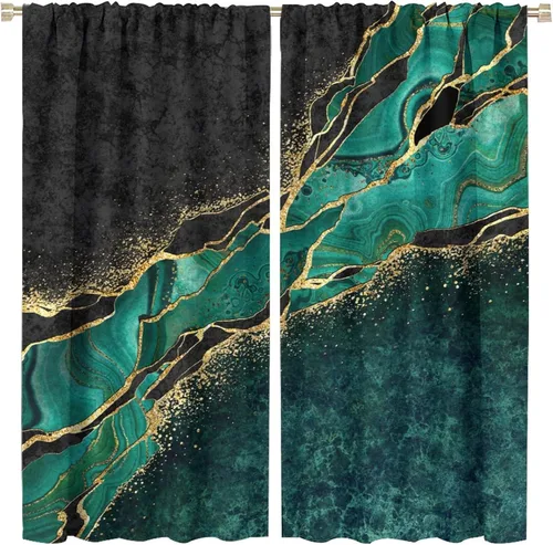 Vista 47 de Cortinas abstractas de mármol de lujo de lujo azul marino dorado a rayas con patrón de mármol estampado para dormitorio, sala de estar, cortinas