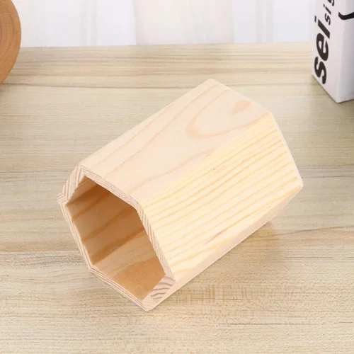 Vista 4 de Contenedor de almacenamiento de madera para bolígrafos y cepillos, organizador de tubo hexagonal, maceta sólida para oficina en casa para pintura