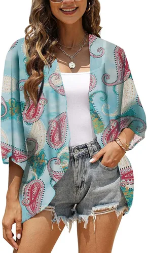 Vista 2 de Chunoy Cárdigan tipo kimono de gasa floral para mujer, blusa informal holgada