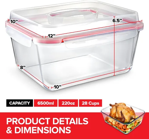 Vista 2 de Stock Your Home Recipiente rectangular extragrande de vidrio para almacenar alimentos con tapa, estilo moderno, hermético, a prueba de fugas